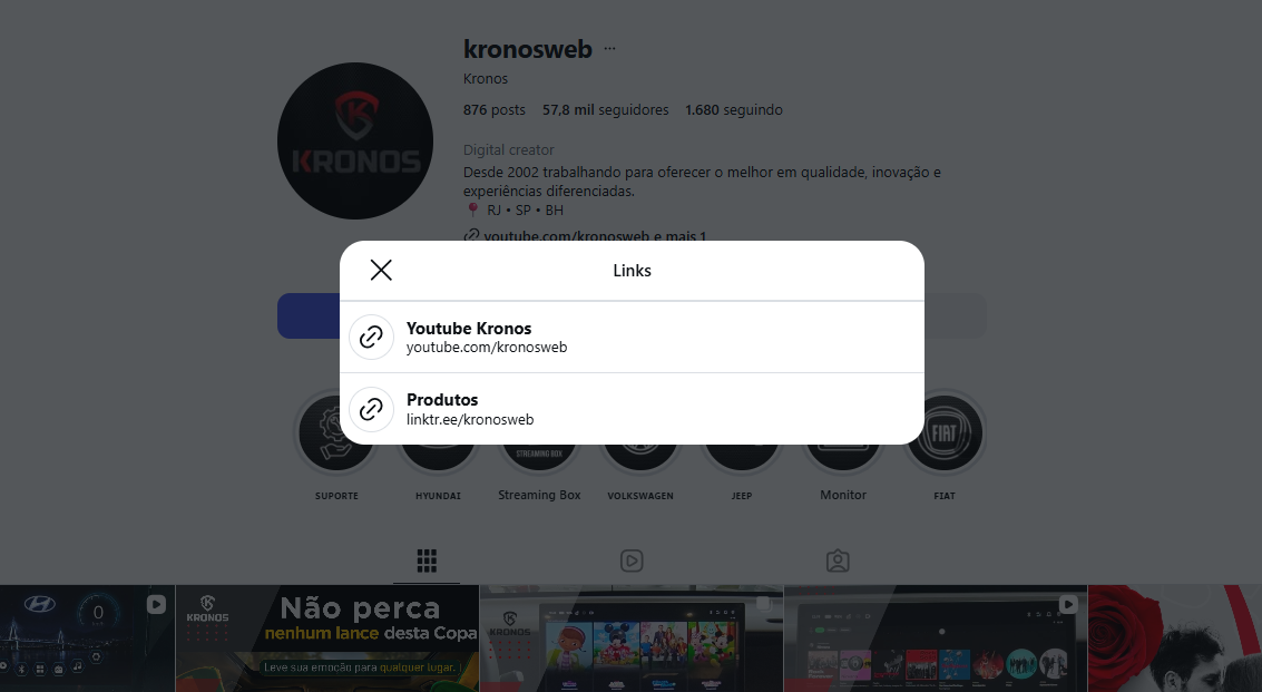 Print do modal de links da bio do Instagram da Kronos