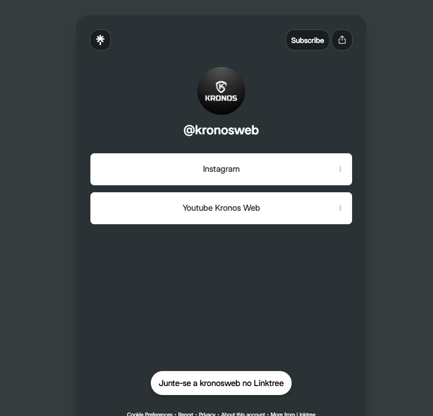 Print do Linktree da Kronos com botões para Instagram e YouTube