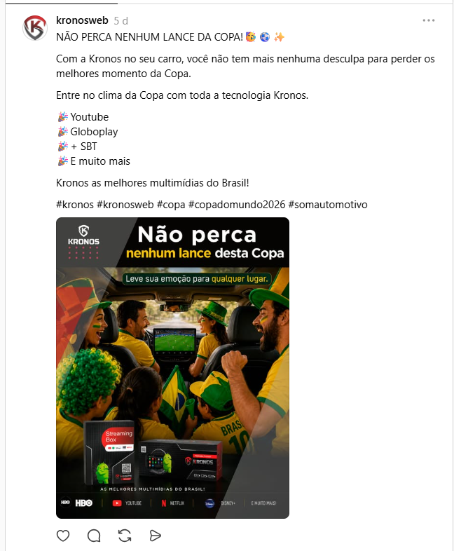 Print de publicação recente da Kronos no Threads sobre a Copa